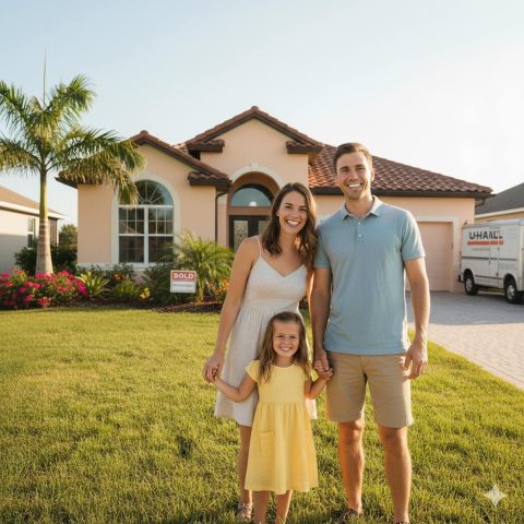 A smiling Florida family standing in front of their new home.
