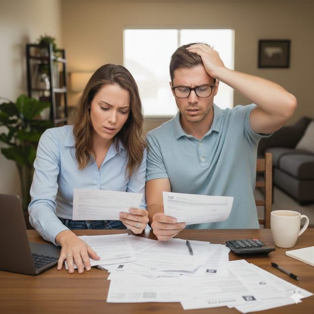 A frustrated couple looking at confusing documents